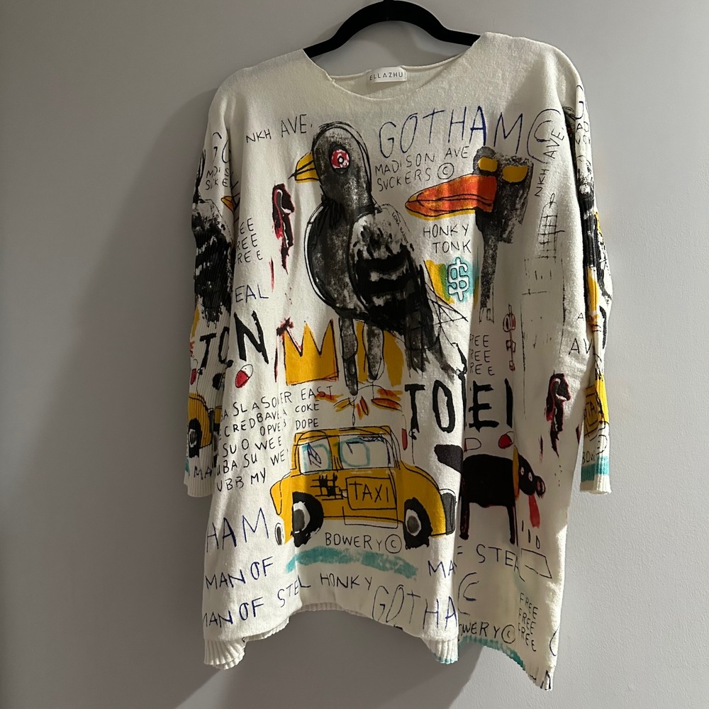 ELLAZHU Basquiat‎ graffiti Print Crew Neck Sweater Top Art To Wear Size  M